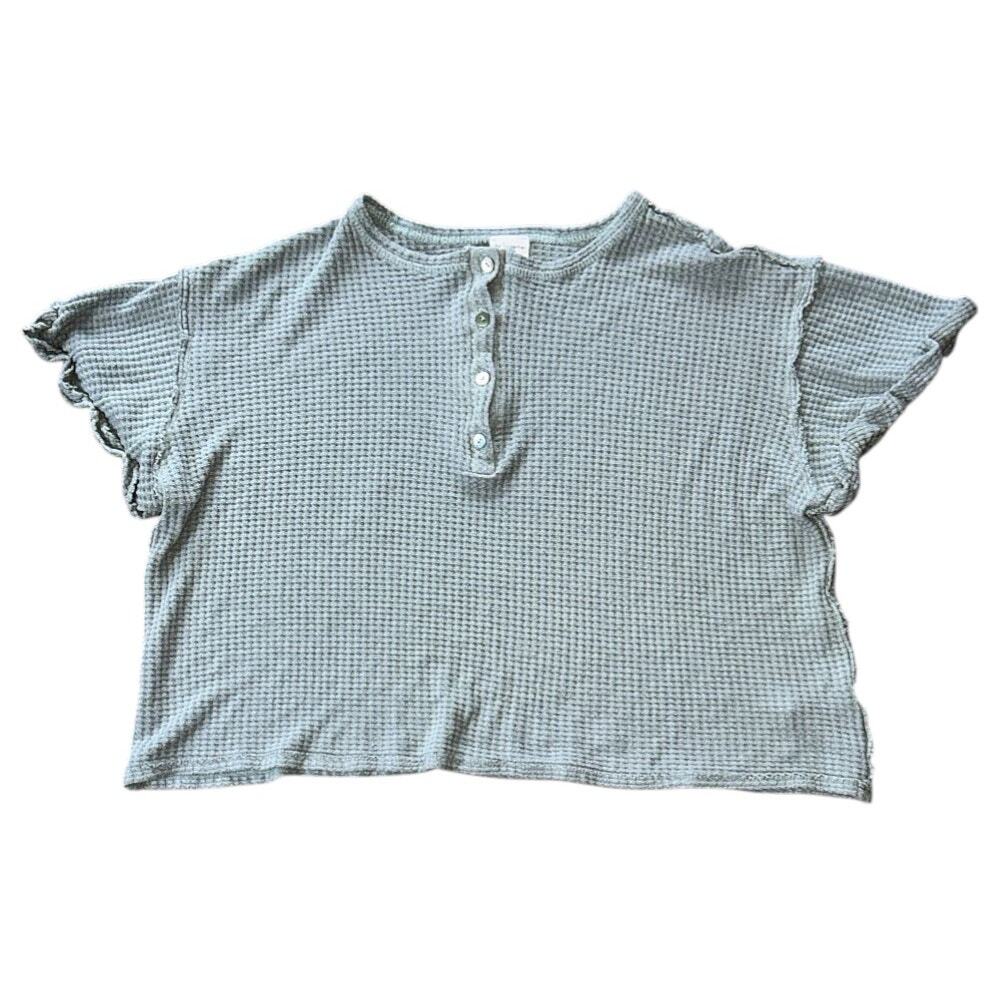 By Together Teal Green Waffle Knit Short Ruffle Sleeve Top Small